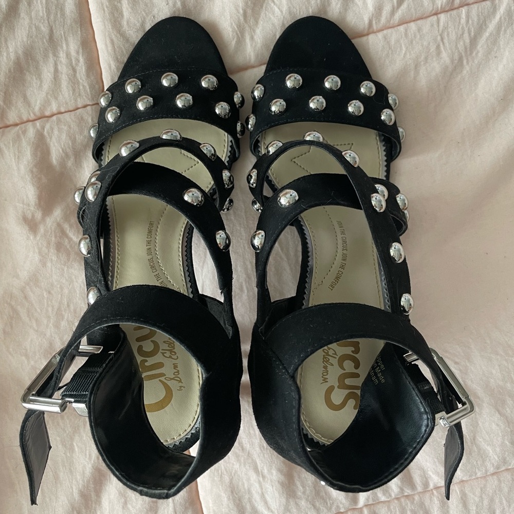 Black Suede Embellished Chunky Strappy Heels